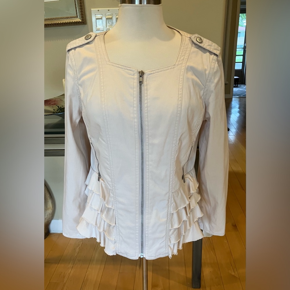 Vintage Live a Little unique ruffle detail cream jacket.